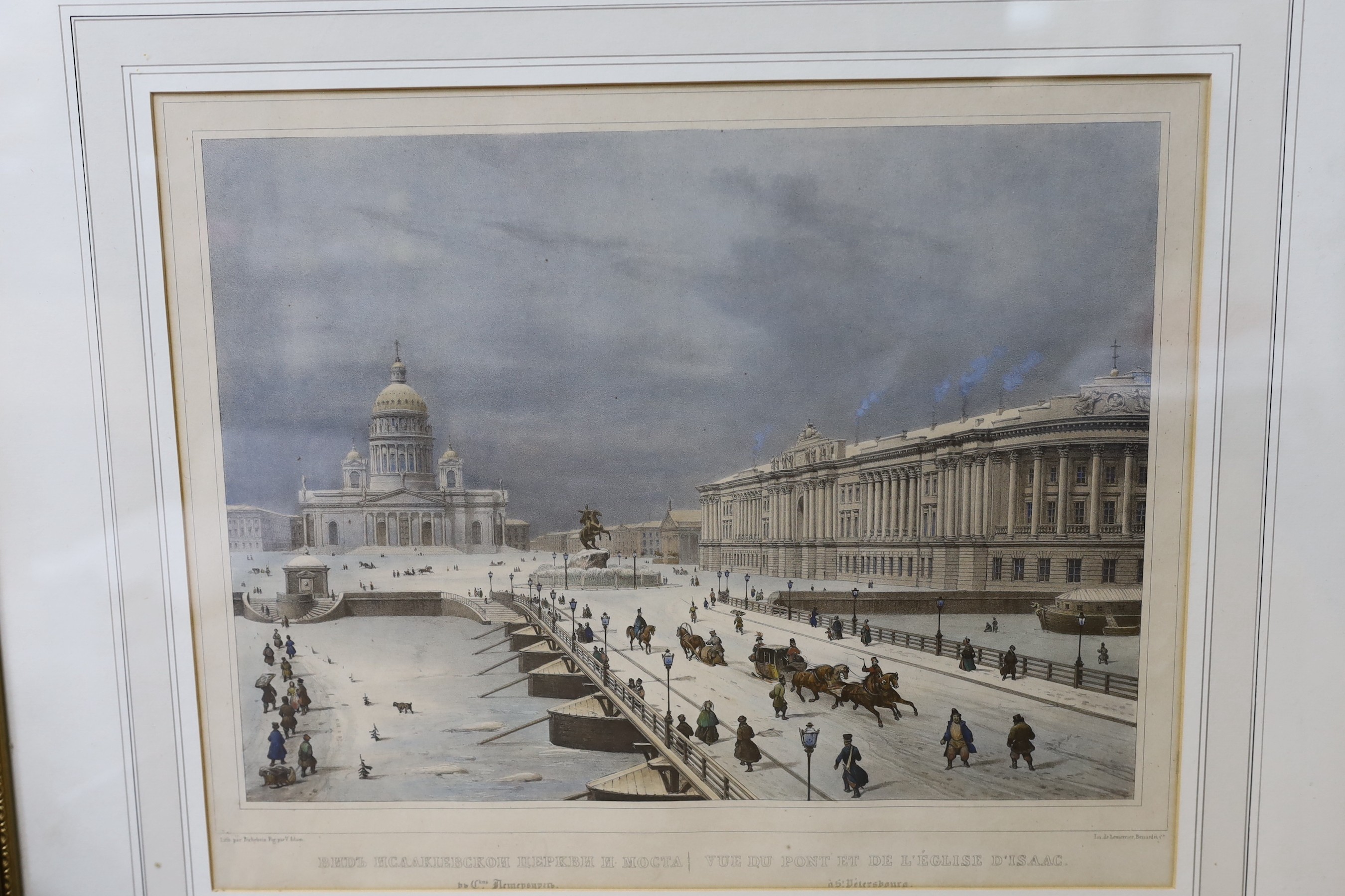 Pelvilain after Palliere, pair of coloured lithographs, 'El Asado' and 'El Corral' (Argentina) and two coloured engraved views of St Petersburg after Arnout, largest overall 29 x 34cm